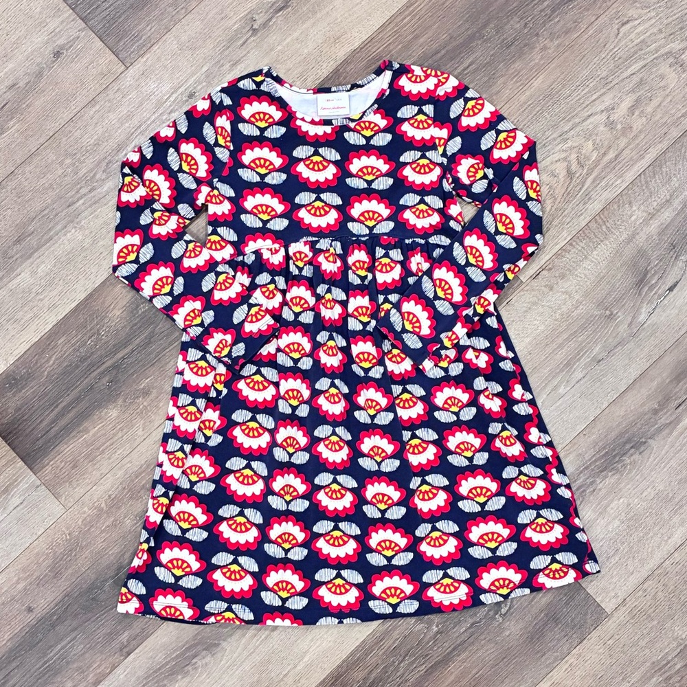 Hanna Andersson Navy & Red Floral Long Sleeve Cotton Dress Outfit Size 8 Girl